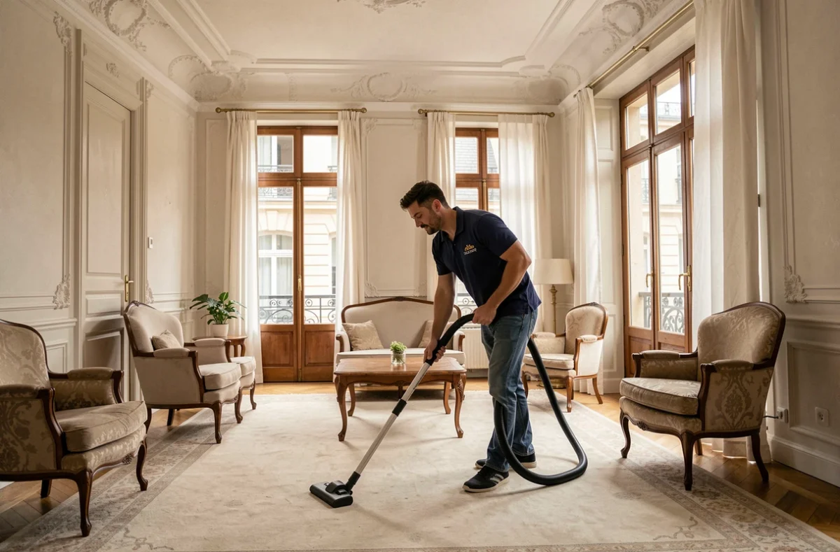 Agent de ménage masculin passant l'aspirateur dans un salon de style haussmannien à Limoges
