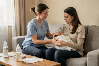 Aide ménagère en uniforme assistant une jeune maman avec son nouveau-né dans un salon chaleureux, illustrant l'aide à domicile via la PMI