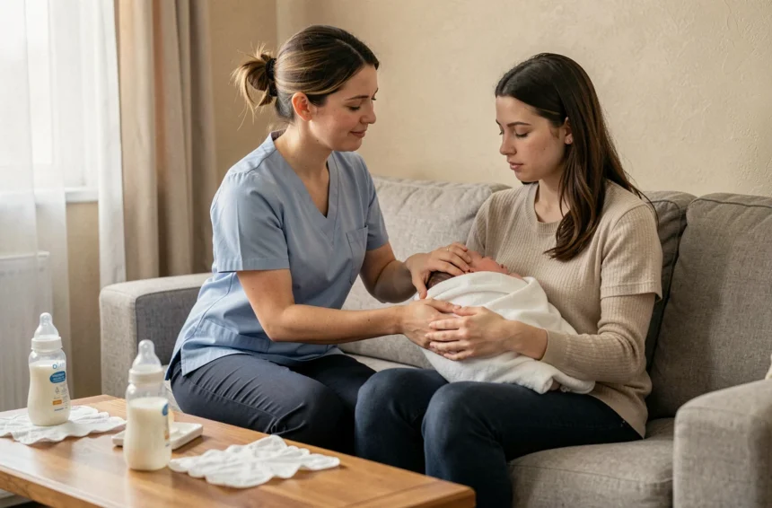 Aide ménagère en uniforme assistant une jeune maman avec son nouveau-né dans un salon chaleureux, illustrant l'aide à domicile via la PMI