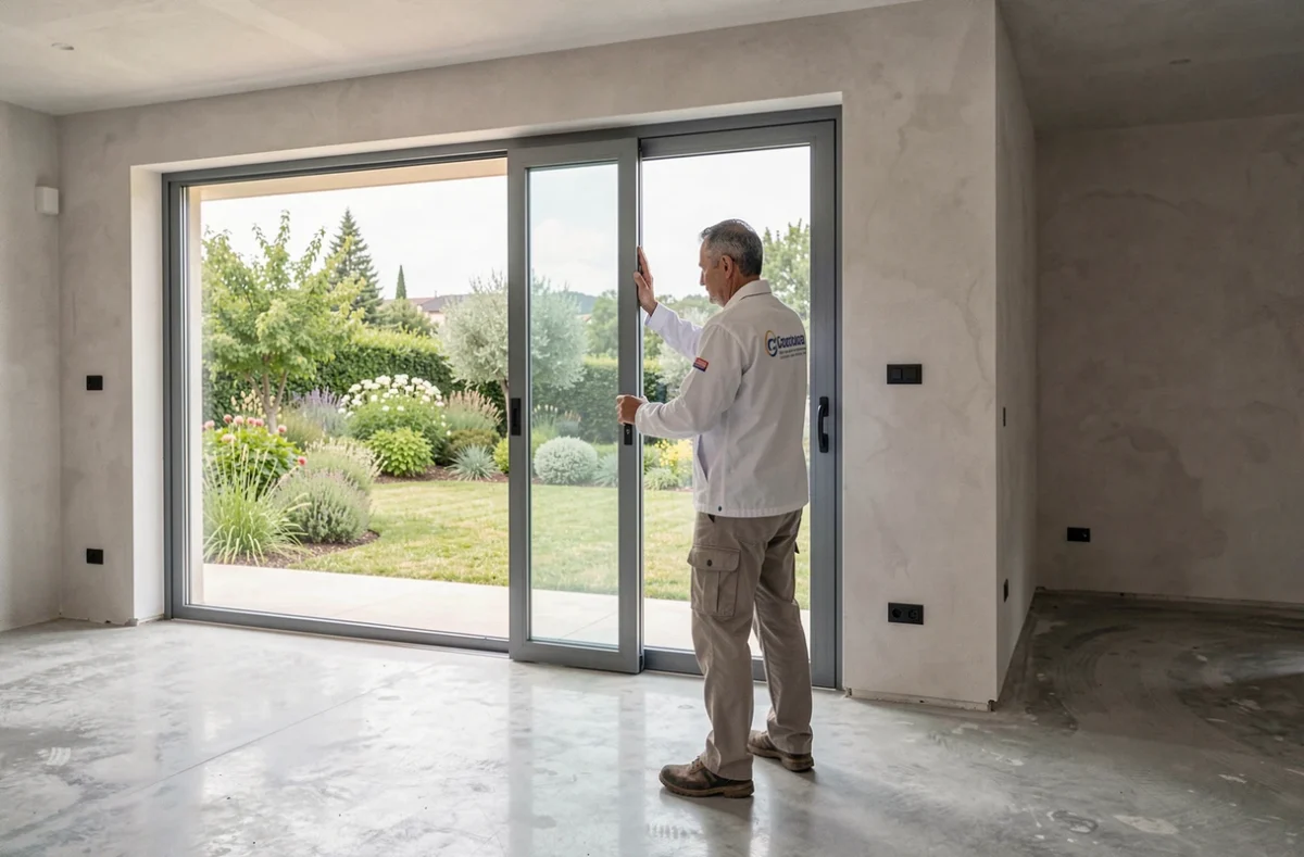 Installateur d'Alu 83 posant une baie vitrée coulissante en aluminium dans une villa contemporaine du Var