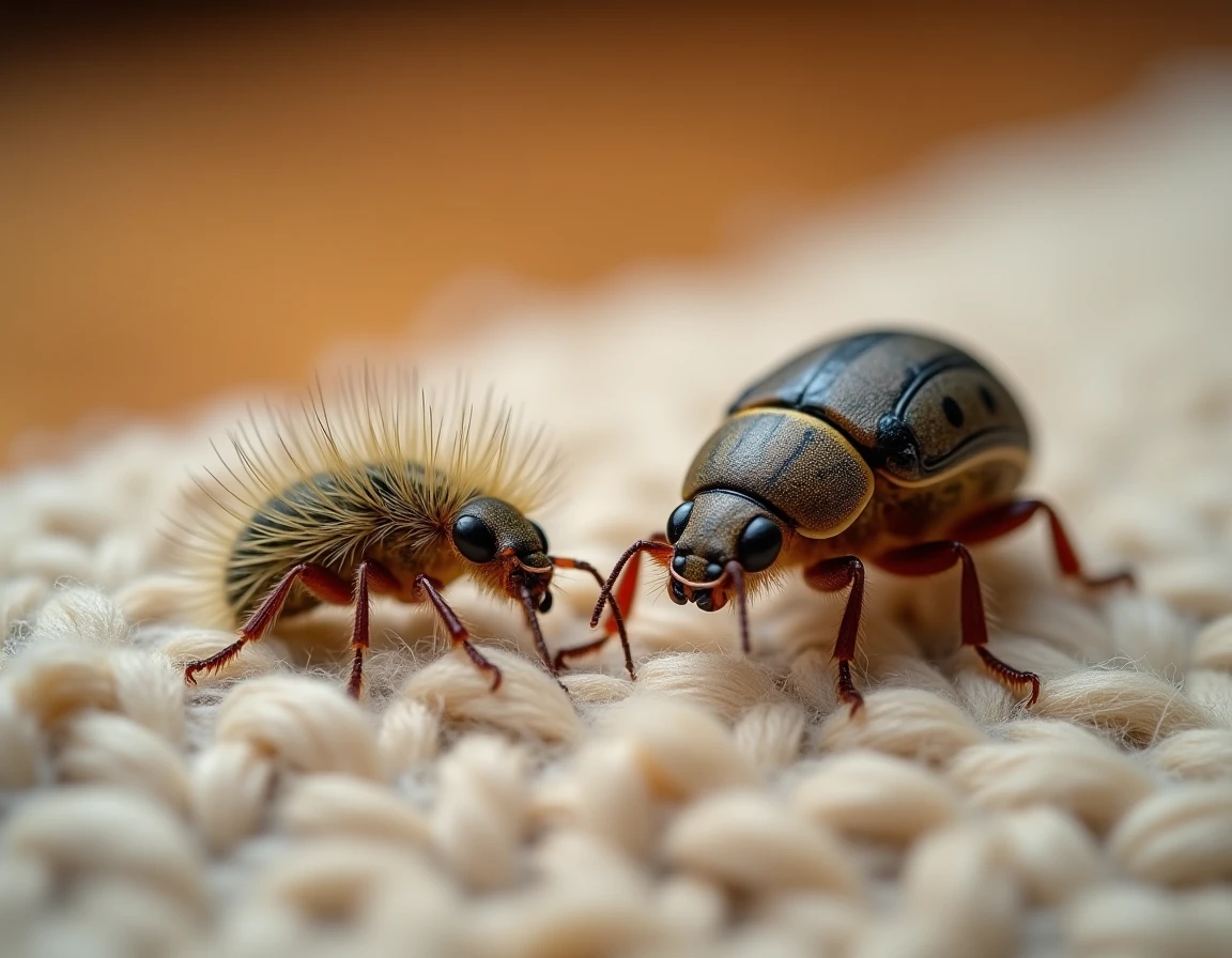 Larve et adulte d'anthrène sur tissu laine endommagé avec trous, comparaison des deux stades de l'insecte nuisible