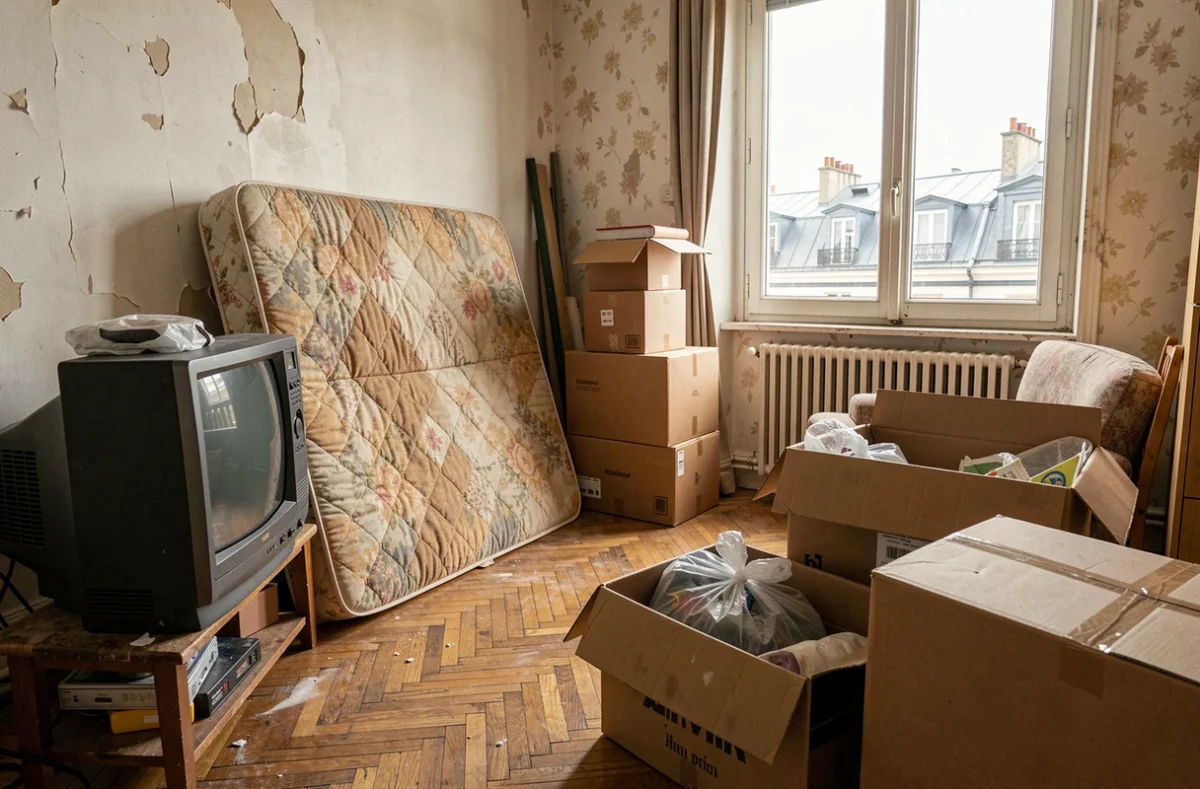 Intérieur d'un appartement parisien encombré avec vieux meubles et appareils à évacuer, illustrant le problème des encombrants en ville