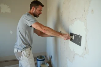 Homme en train d'appliquer de l'enduit sur un mur fissuré avec une spatule métallique dans un appartement en rénovation