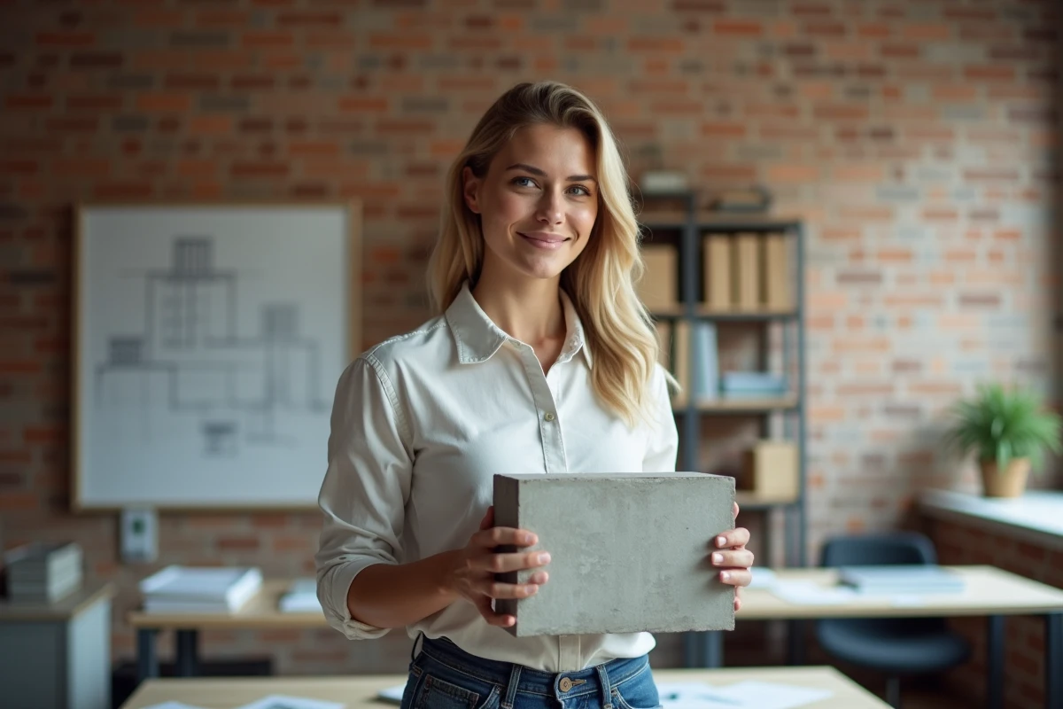 Jeune architecte montre un bloc en béton dans un bureau