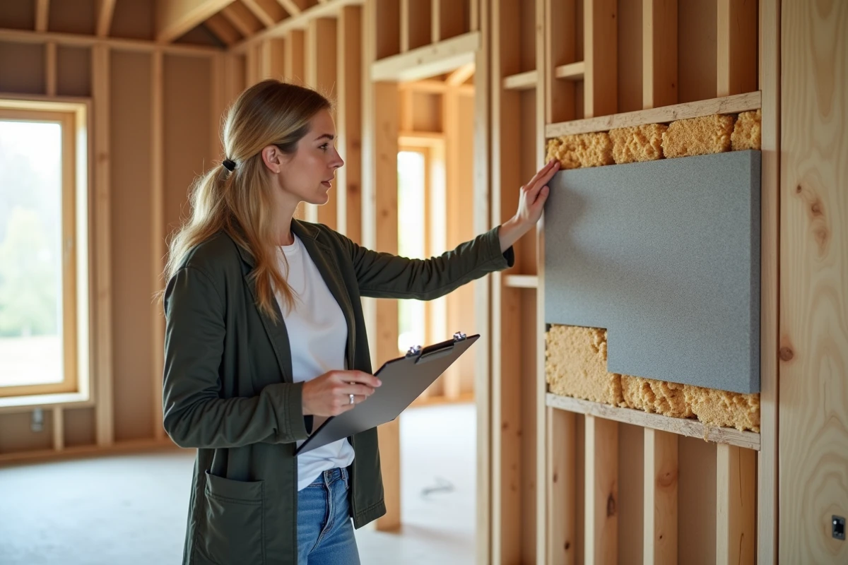 Architecte analysant une coupe de mur avec des plaques d'isolation thermique écologique sur un chantier en ossature bois