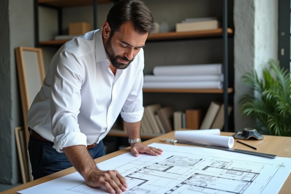 Architecte analysant des plans techniques avec des annotations de dimensions pour convertir des unités linéaires en superficie en mètres carrés