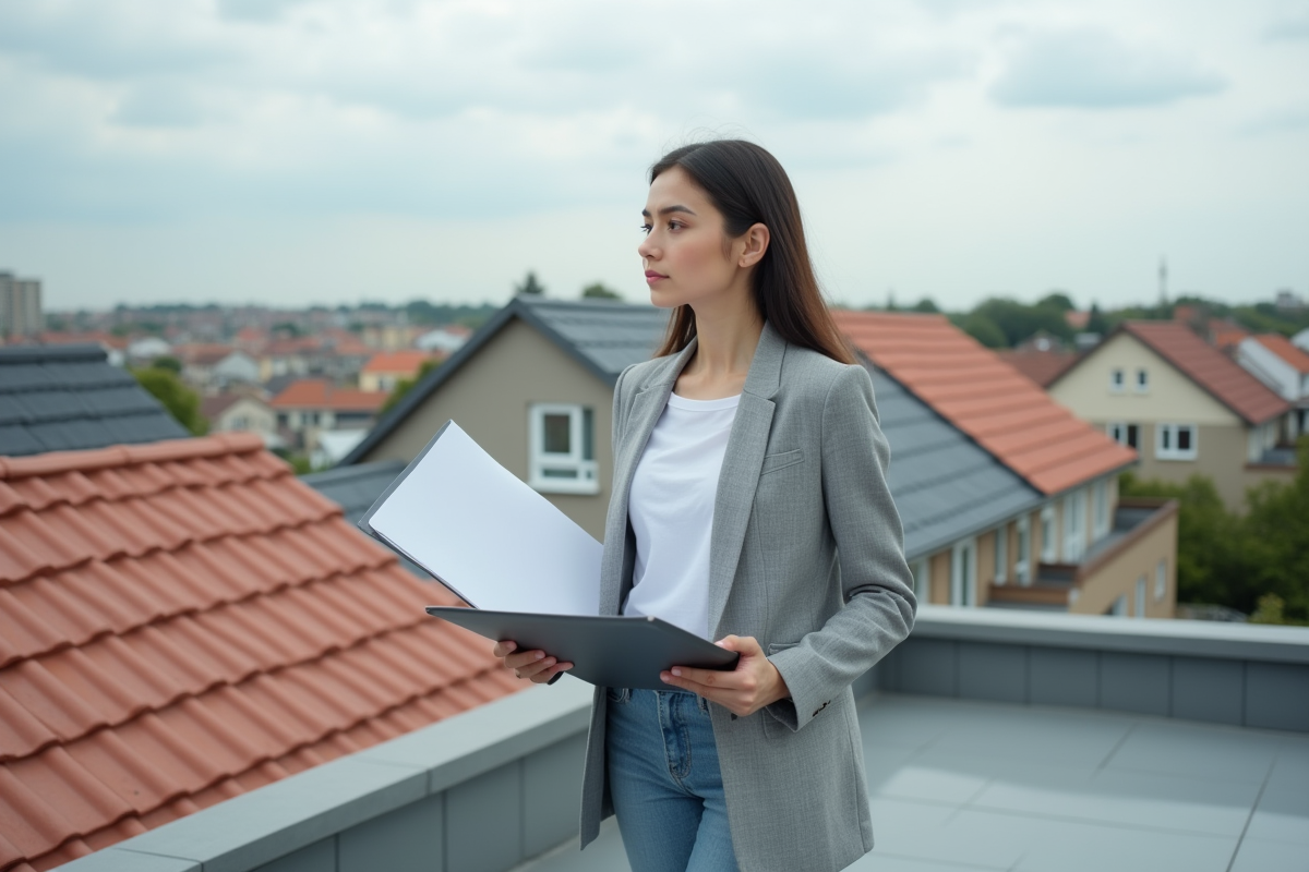 Jeune architecte sur une terrasse avec différents types de tuiles