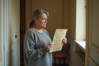 Femme inquiète examinant une facture suspecte d'un serrurier à la porte de son appartement parisien