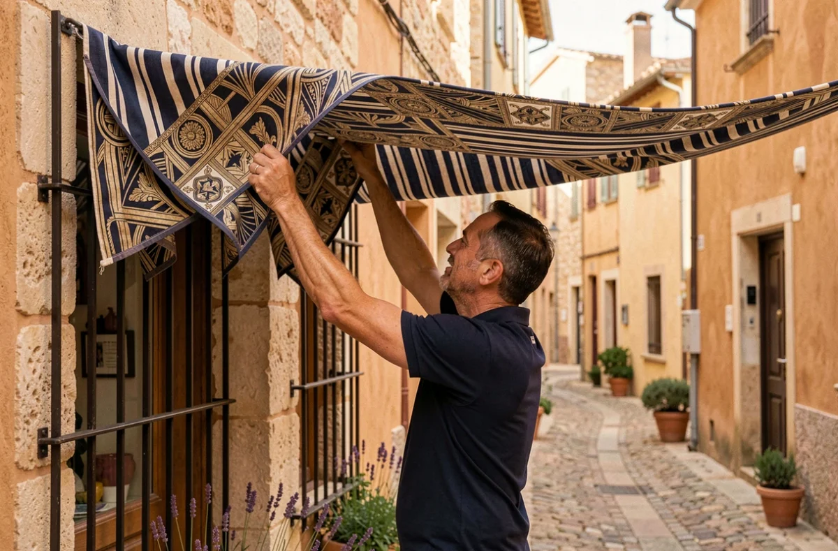 Spécialiste d'Art Déco Stores posant une banne décorative au-dessus d'une boutique de village dans le Var