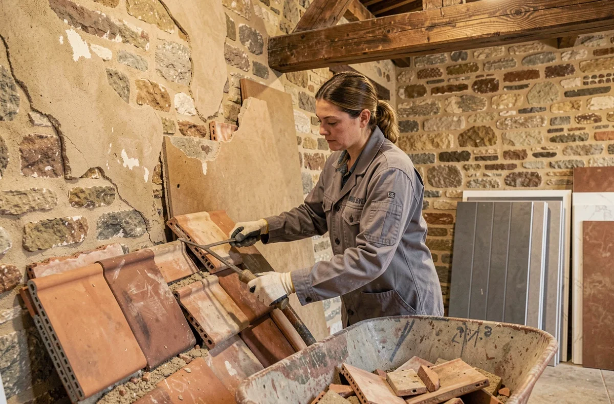 Spécialiste de rénovation Art&Rénov retirant d'anciennes tomettes dans une ferme de l'Aube pour une rénovation complète