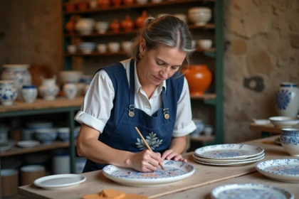 Artisane de la faïencerie Henriot Quimper peignant à la main des motifs floraux traditionnels sur une assiette en faïence blanche dans un atelier breton authentique