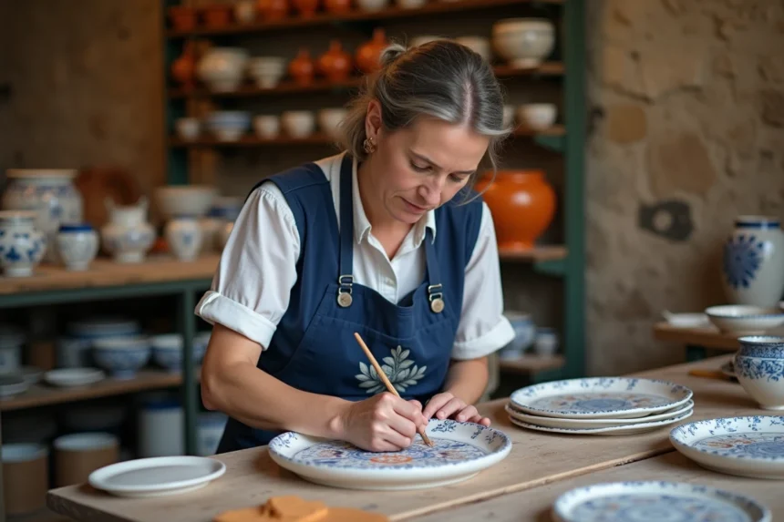 Artisane de la faïencerie Henriot Quimper peignant à la main des motifs floraux traditionnels sur une assiette en faïence blanche dans un atelier breton authentique