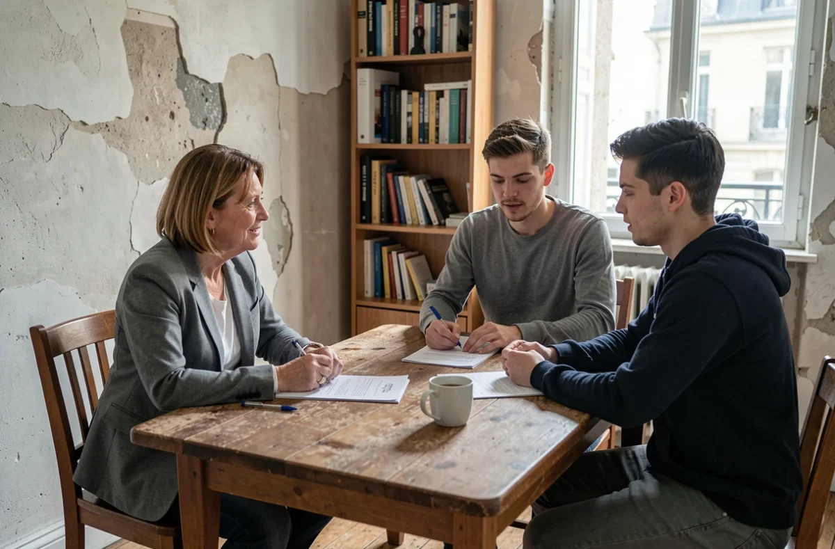 Assistante sociale discutant des démarches d'aide ménagère PMI avec un jeune couple autour d'une table, dans un appartement parisien modeste