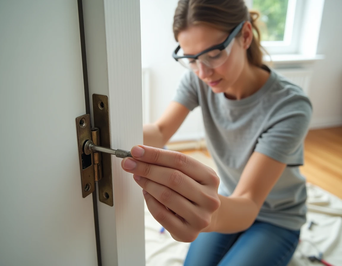 Femme utilisant l'astuce du élastique sur tournevis pour dévisser une vis dont la tête est abîmée