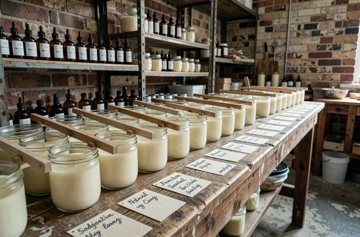 Atelier artisanal de fabrication de bougies bio avec des pots en verre remplis de cire naturelle, des mèches en bois et des flacons d'huiles essentielles sur des étagères en métal