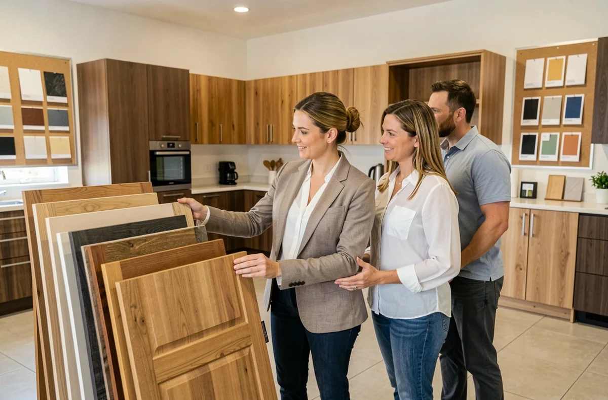 Conseillère d'Audrey présentant des échantillons de portes de placard sur mesure à des clients dans un showroom de menuiserie du Var
