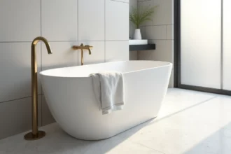 Baignoire autoportante Hudson Reed en porcelaine blanche mate dans une salle de bains moderne aux carreaux gris clair