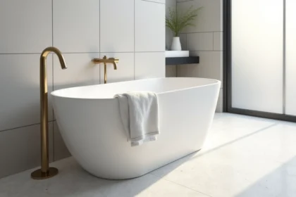 Baignoire autoportante Hudson Reed en porcelaine blanche mate dans une salle de bains moderne aux carreaux gris clair