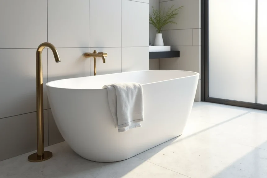 Baignoire autoportante Hudson Reed en porcelaine blanche mate dans une salle de bains moderne aux carreaux gris clair