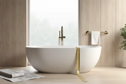Baignoire autoportante ovale dans une salle de bain rénovée avec mètre ruban mesurant sa contenance idéale