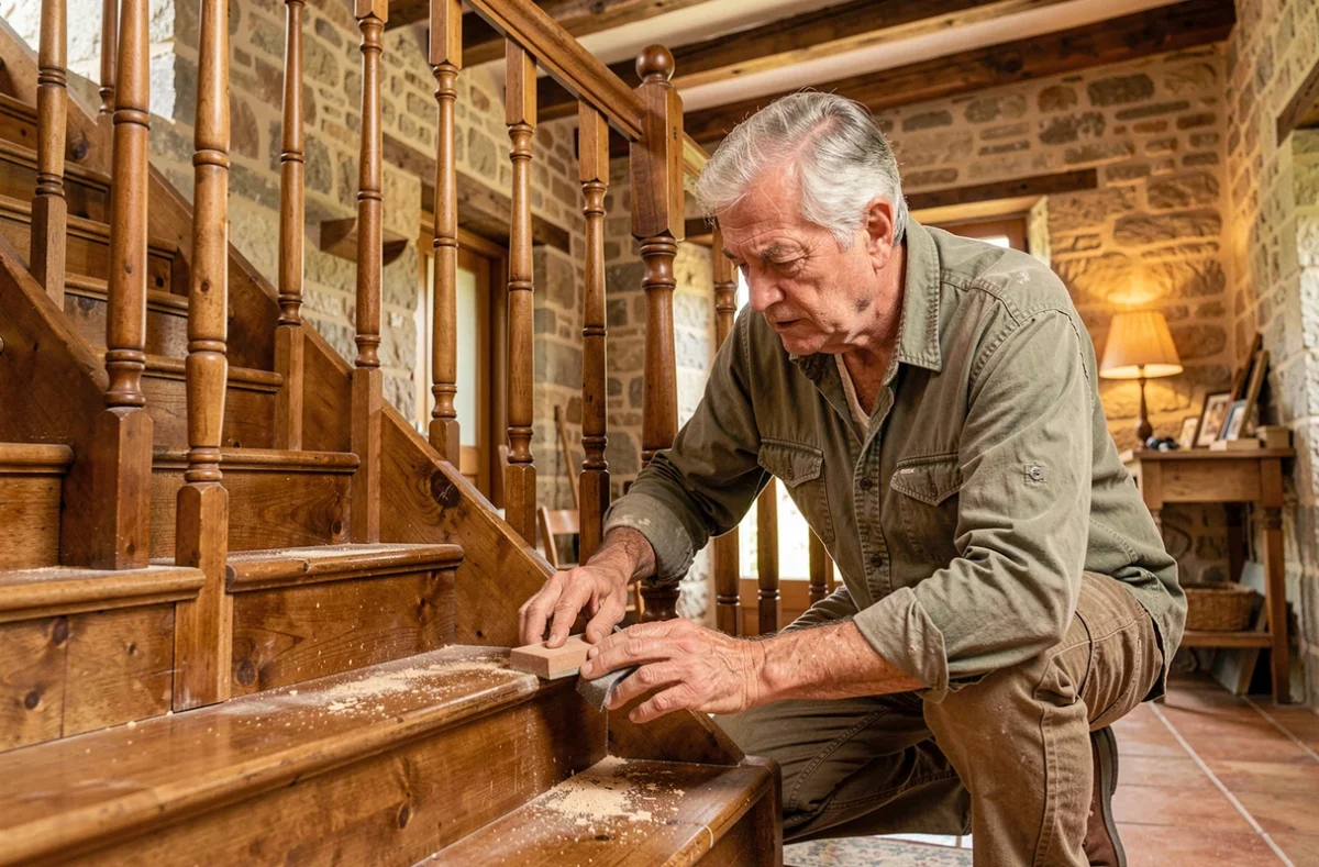Artisan de Bernard Freddy ETS ponçant et restaurant une rampe d'escalier en bois dans une bastide provençale du Var