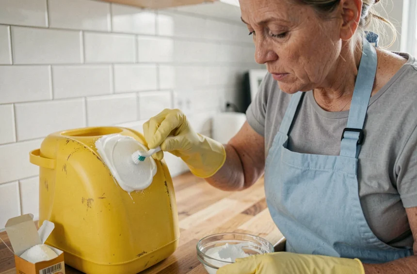 Femme appliquant une pâte de bicarbonate de soude sur un plastique jauni avec une brosse à dents dans une cuisine domestique