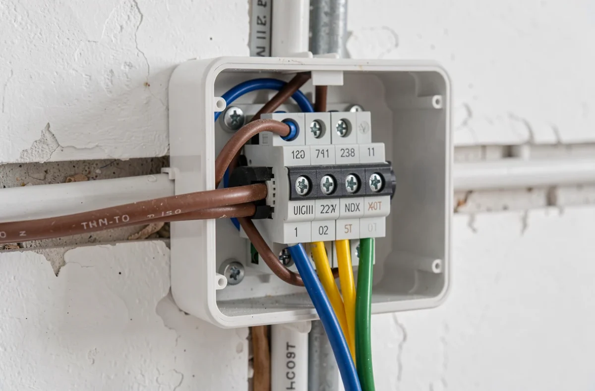 Gros plan sur les bornes de raccordement et les câbles colorés d'un radiateur électrique dans un boîtier de dérivation