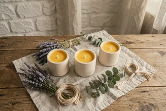 Bougies naturelles artisanales en cire de soja dans des pots en céramique crème sur une table en bois rustique, entourées de lavande séchée et d'eucalyptus