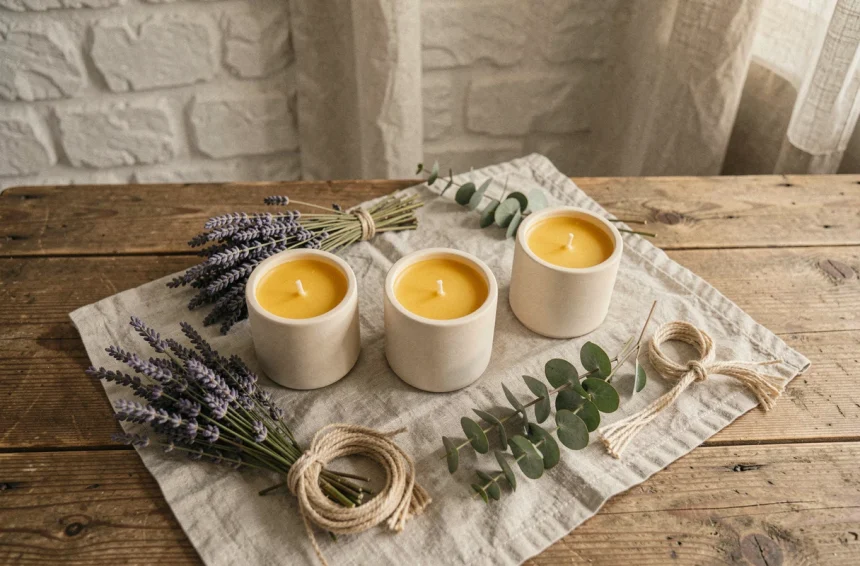 Bougies naturelles artisanales en cire de soja dans des pots en céramique crème sur une table en bois rustique, entourées de lavande séchée et d'eucalyptus