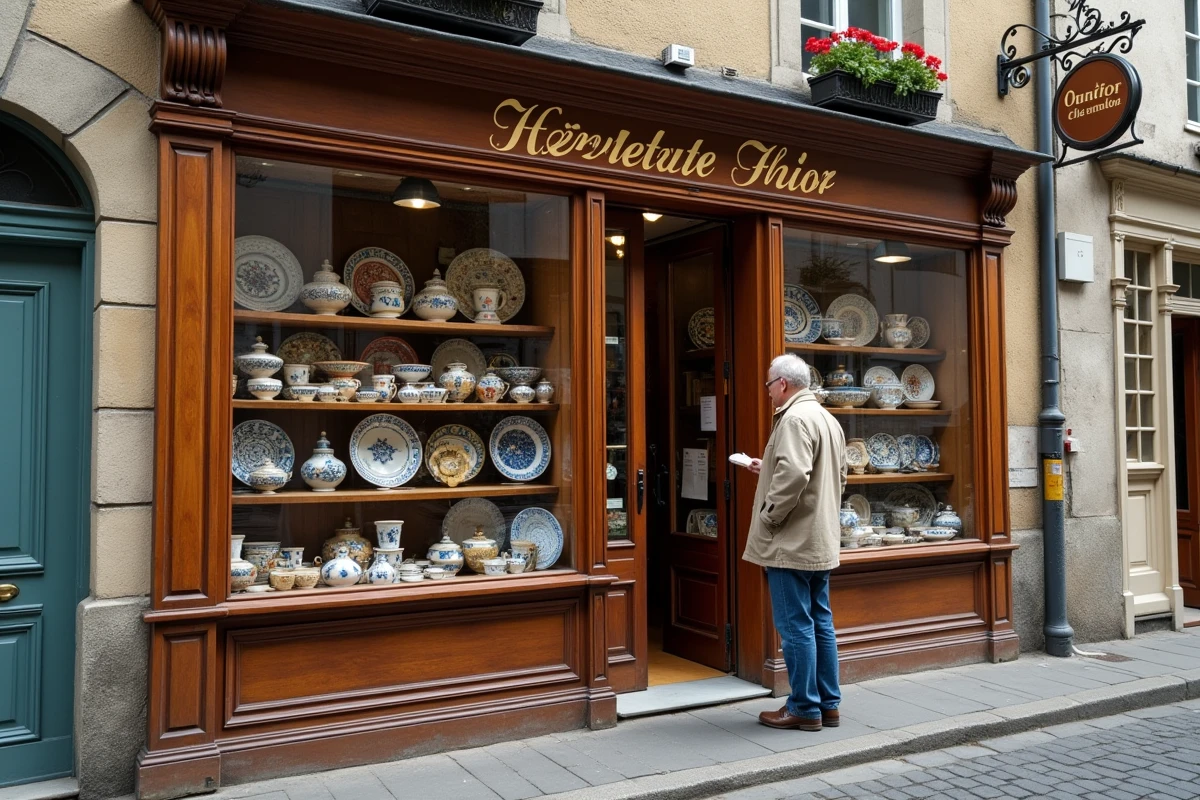 Façade historique d'une boutique de faïence Henriot Quimper en Bretagne, avec vitrines exposant des céramiques peintes à la main et un visiteur examinant une pièce traditionnelle