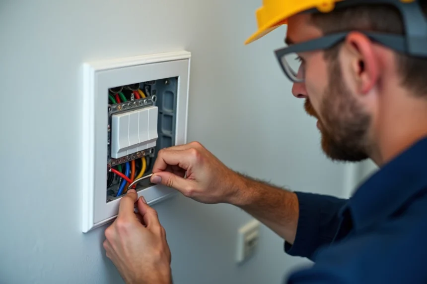 Électricien connectant des fils colorés sur un bouton poussoir Legrand conforme aux normes électriques