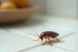 Gros plan macro d'un cafard sur un carrelage blanc de cuisine, détails réalistes de l'exosquelette brun-rougeâtre
