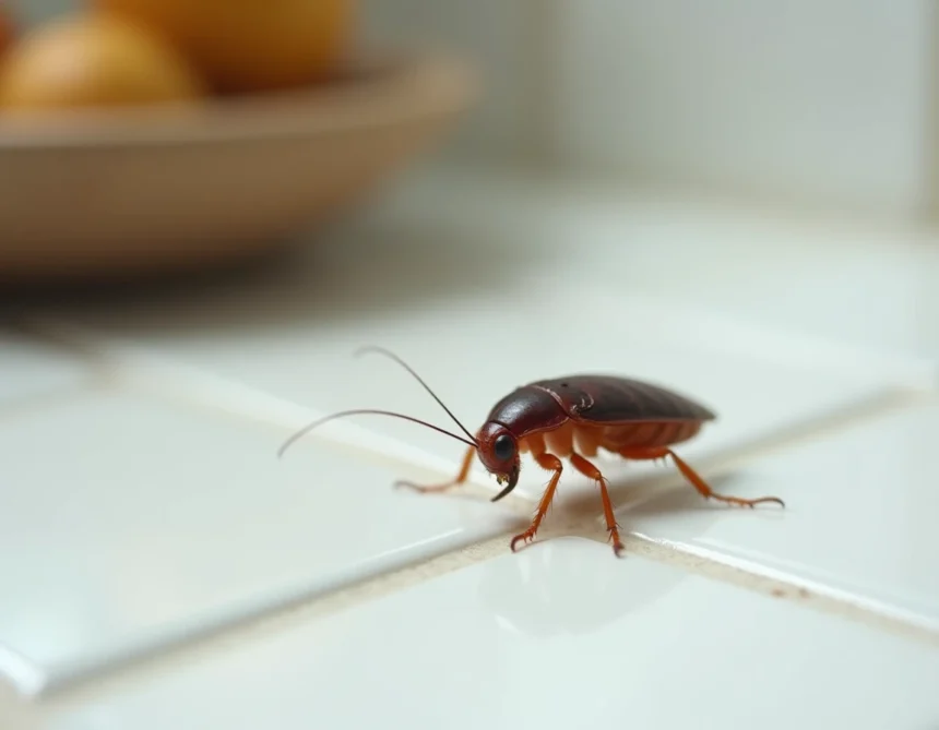 Gros plan macro d'un cafard sur un carrelage blanc de cuisine, détails réalistes de l'exosquelette brun-rougeâtre