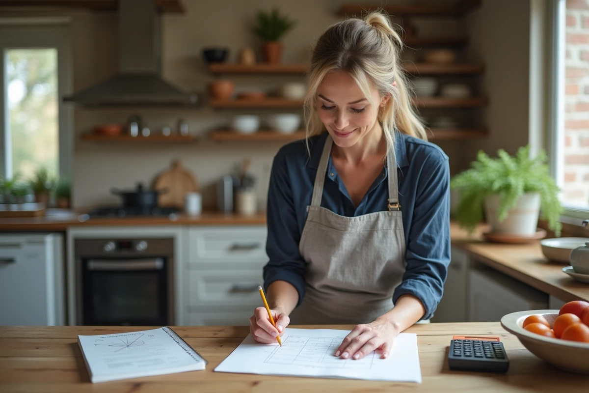 Femme calculant la conversion de mètres linéaires en mètres carrés sur du papier quadrillé avec une calculatrice dans une cuisine