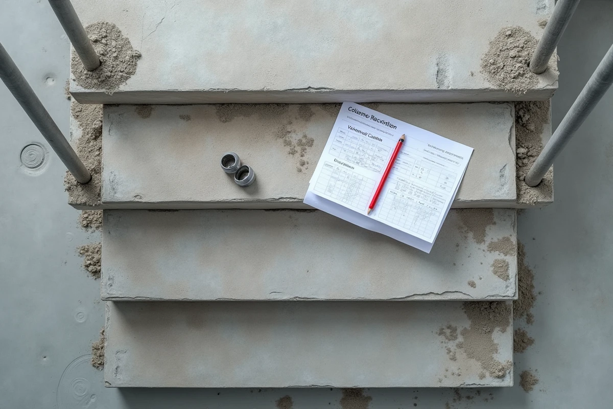 Vue en plongée sur des marches d'escalier en béton avec plans de calcul de volume posés dessus
