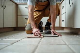 Carreleur posant des carreaux dans une cuisine moderne