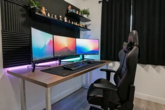 Setup gaming futuriste avec triple moniteur ultrawide, RGB sous le bureau et panneaux acoustiques dans une chambre moderne