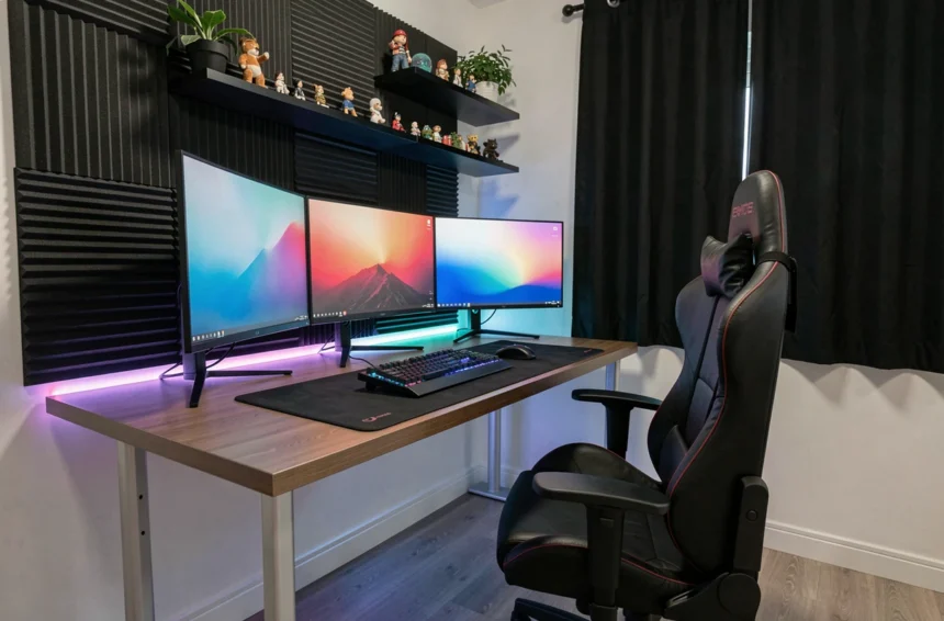 Setup gaming futuriste avec triple moniteur ultrawide, RGB sous le bureau et panneaux acoustiques dans une chambre moderne