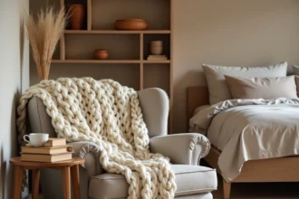 Coin lecture cosy aménagé style hygge avec fauteuil en lin, plaid en laine tricotée et étagères en bois brut dans une chambre aux tons chaleureux