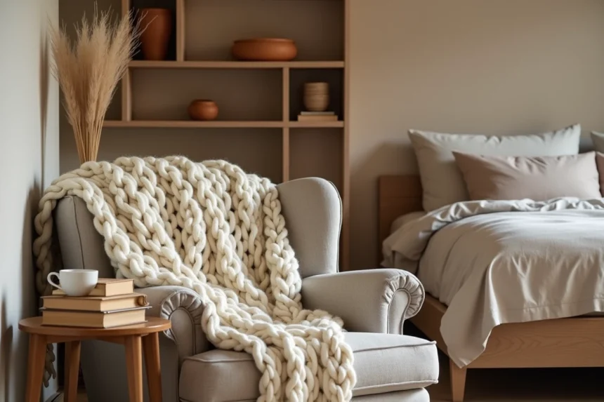 Coin lecture cosy aménagé style hygge avec fauteuil en lin, plaid en laine tricotée et étagères en bois brut dans une chambre aux tons chaleureux