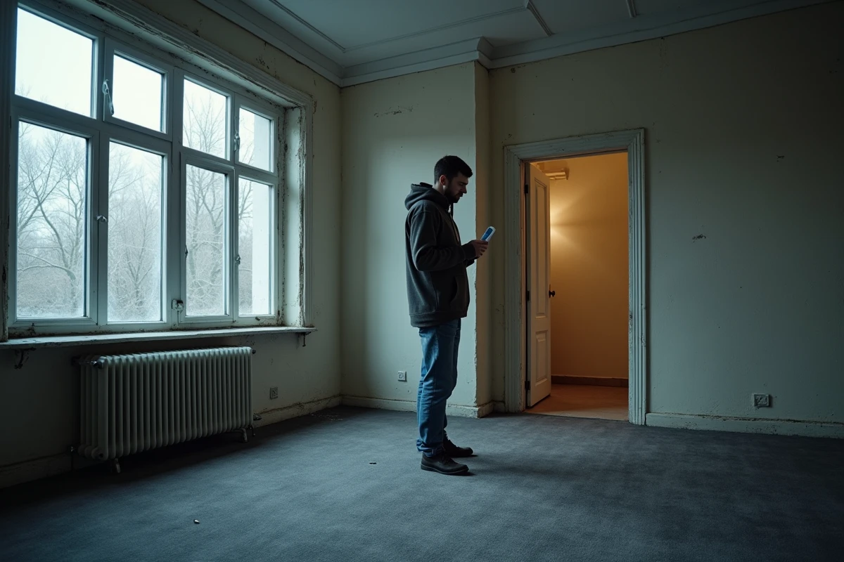 Chambre mal isolée avec moquette thermique épaisse installée au sol et homme mesurant la température ambiante