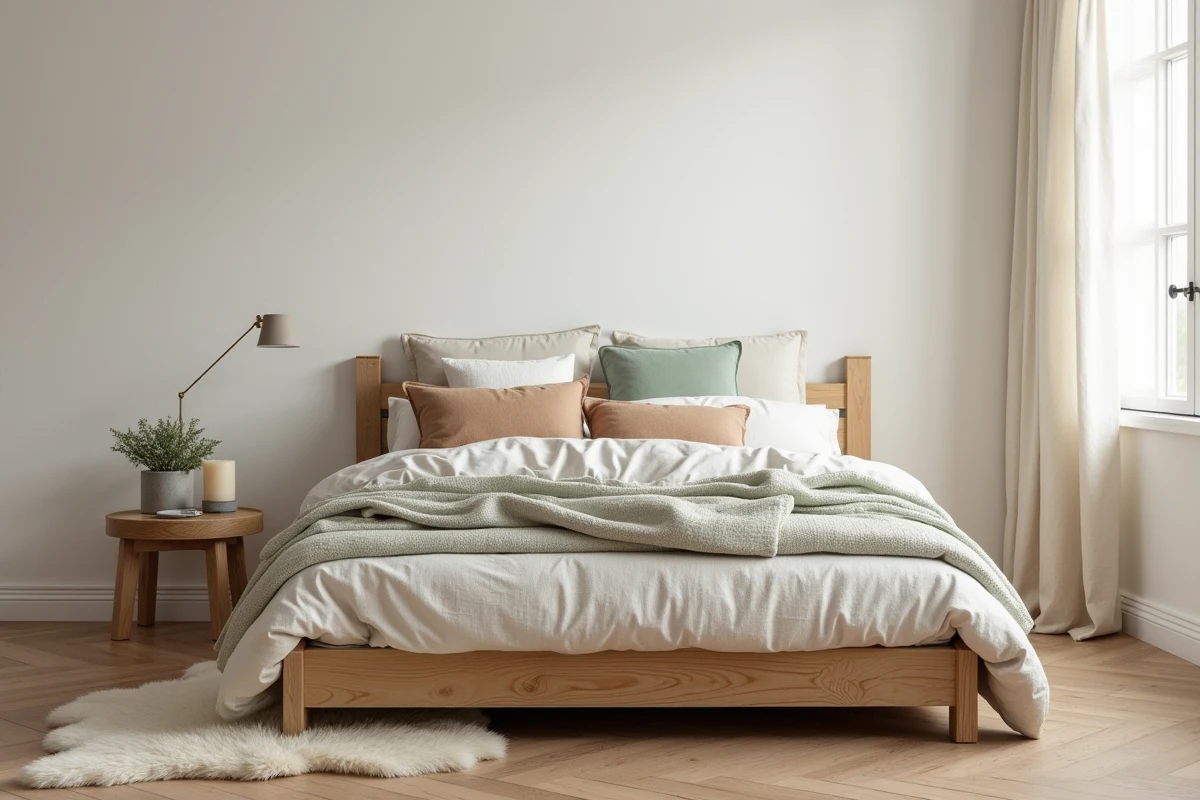 Chambre hygge scandinave avec lit en frêne naturel, literie en lin superposée, tapis en peau de mouton et bougie en cire d'abeille sur parquet en chêne