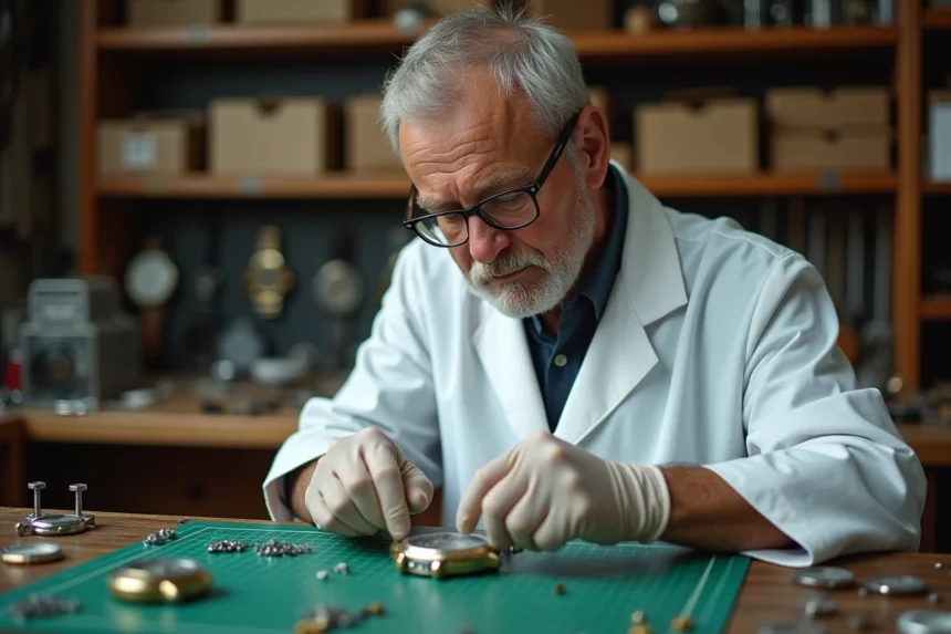 Horloger professionnel ouvrant le boîtier d'une montre analogique pour remplacer la pile sur un établi de réparation