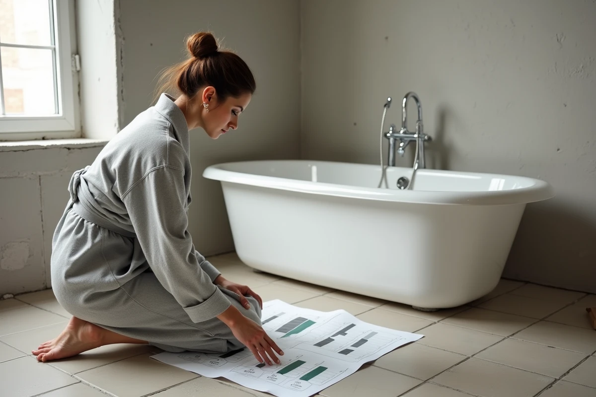 Femme en peignoir évaluant le volume d'une baignoire encastrée lors de travaux de rénovation salle de bain