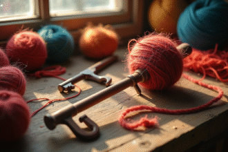 Clé à laine sur un plan de travail en bois avec des écheveaux colorés