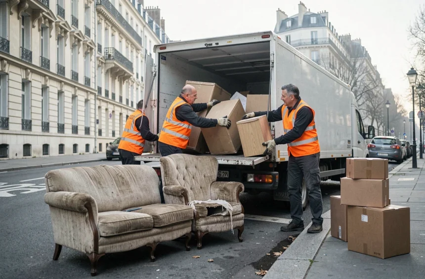 Collecte d'encombrants à domicile à Paris : deux agents municipaux chargent de vieux meubles dans un camion de ramassage devant un immeuble haussmannien