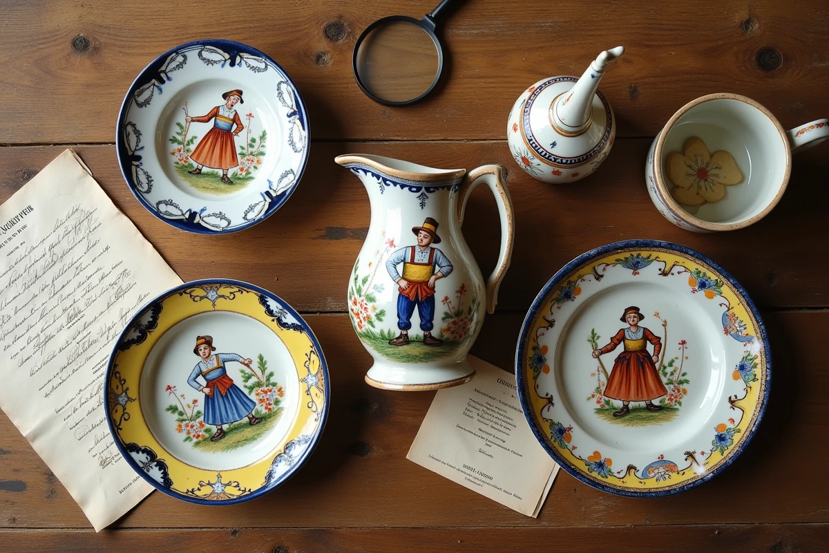 Collection de pièces authentiques en faïence de Quimper Henriot disposées en flat lay, montrant les motifs bretons traditionnels, signatures et marques de fabrique caractéristiques