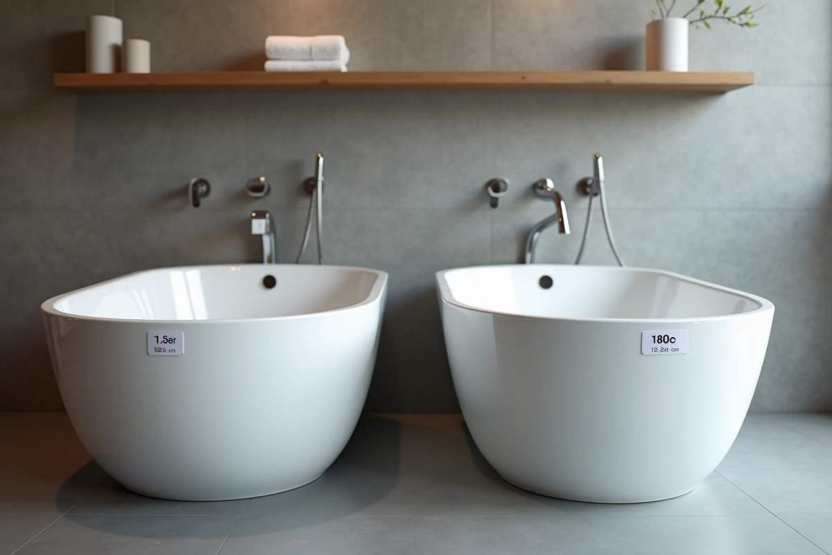 Comparaison de deux baignoires de contenances différentes dans un showroom de salle de bain pour rénovation