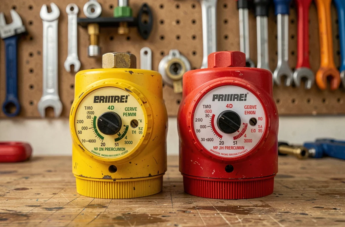 Comparaison côte à côte d'un détendeur butane jaune et d'un détendeur propane rouge posés sur un établi en bois