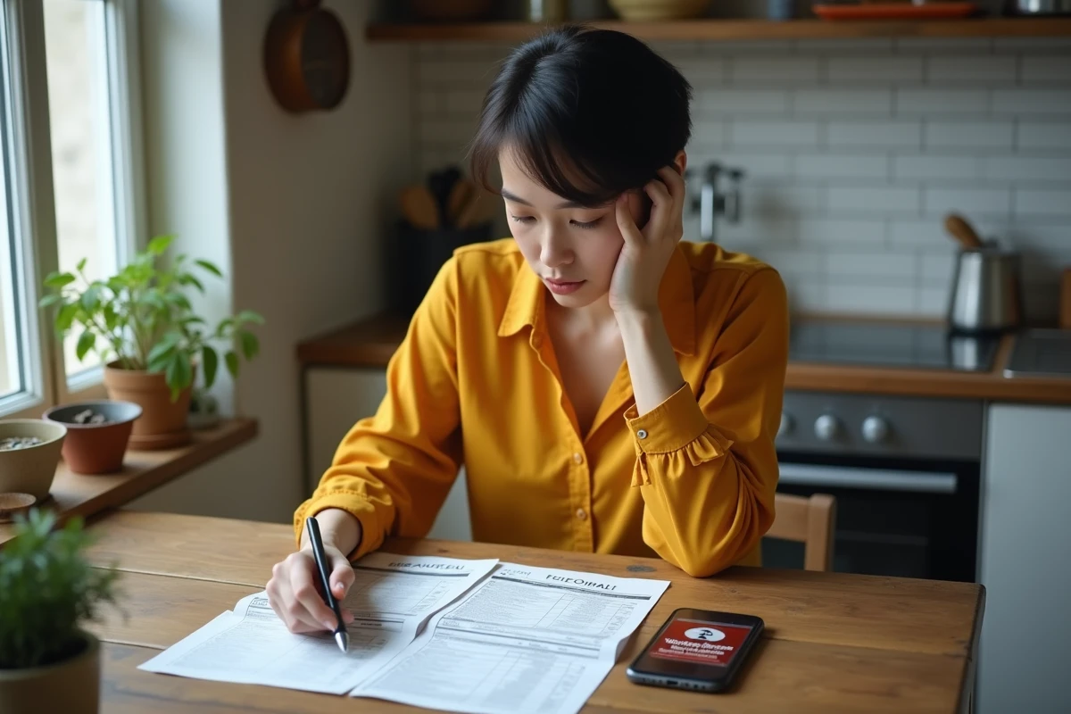 Jeune femme comparant des devis de serruriers parisiens suspects sur sa table de cuisine